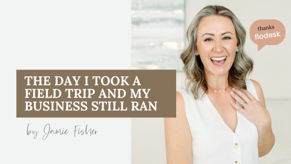 Jamie Fisher Flodesk Partner Blog Post Banner with a headshot of Jamie smiling at the camera wearing a white sleeveless button up