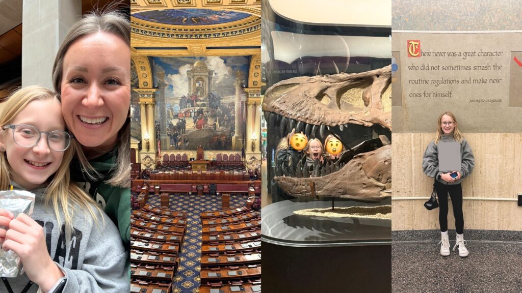 4 photos of Capitol field trip and state museum, senate and prehistoric disply