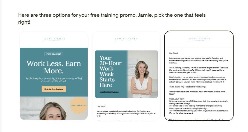 Three email design directions created from a Flodesk Studio prompt